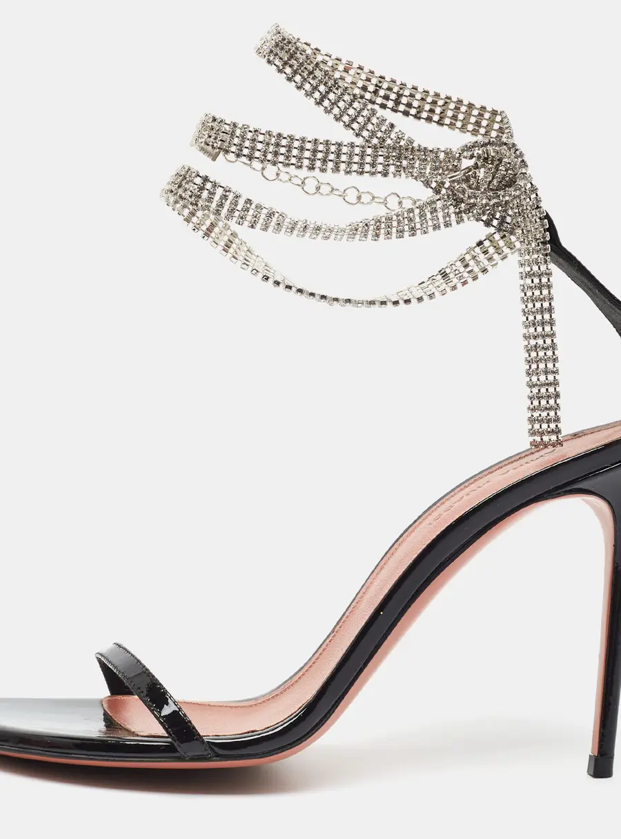 Amina Muaddi Giorgia Size 38.5 Black Patent Leather Crystal Embellished Ankle Strap Sandals