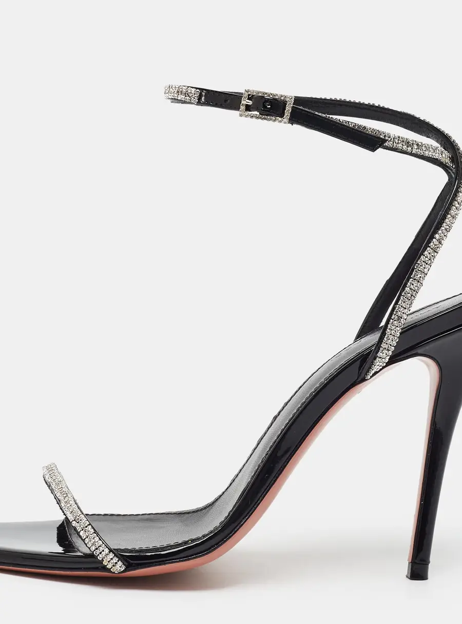 Amina Muaddi Diamante Size 37.5 Black Patent Leather Crystal Embellished Ankle Strap Sandals