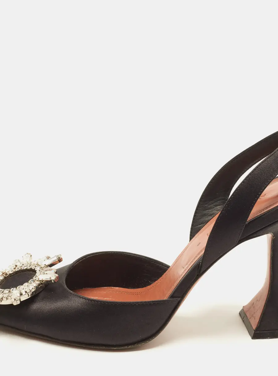 Amina Muaddi Begum Size 36 Black Satin Crystal Embellished Slingback Pumps