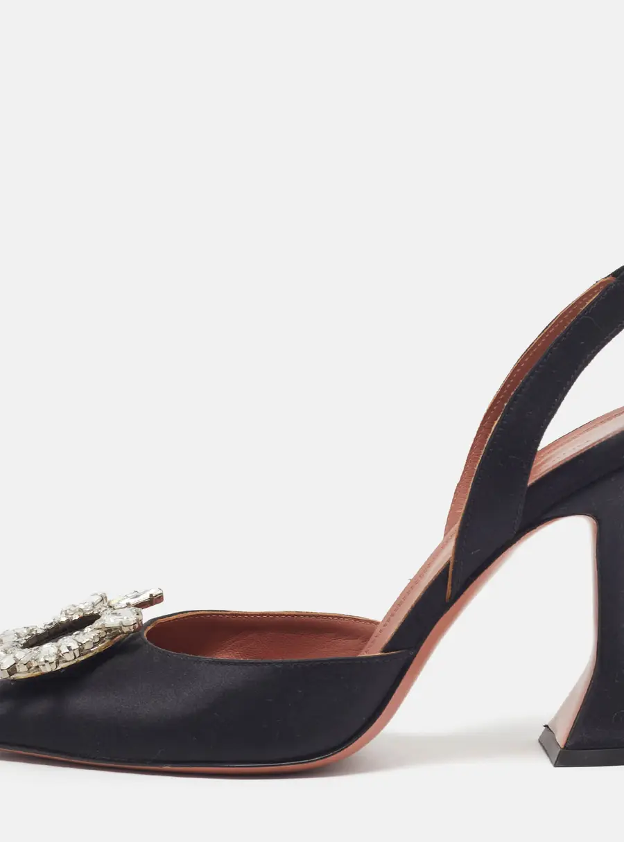 Amina Muaddi Begum Size 36.5 Black Satin Crystal Embellished Slingback Pumps