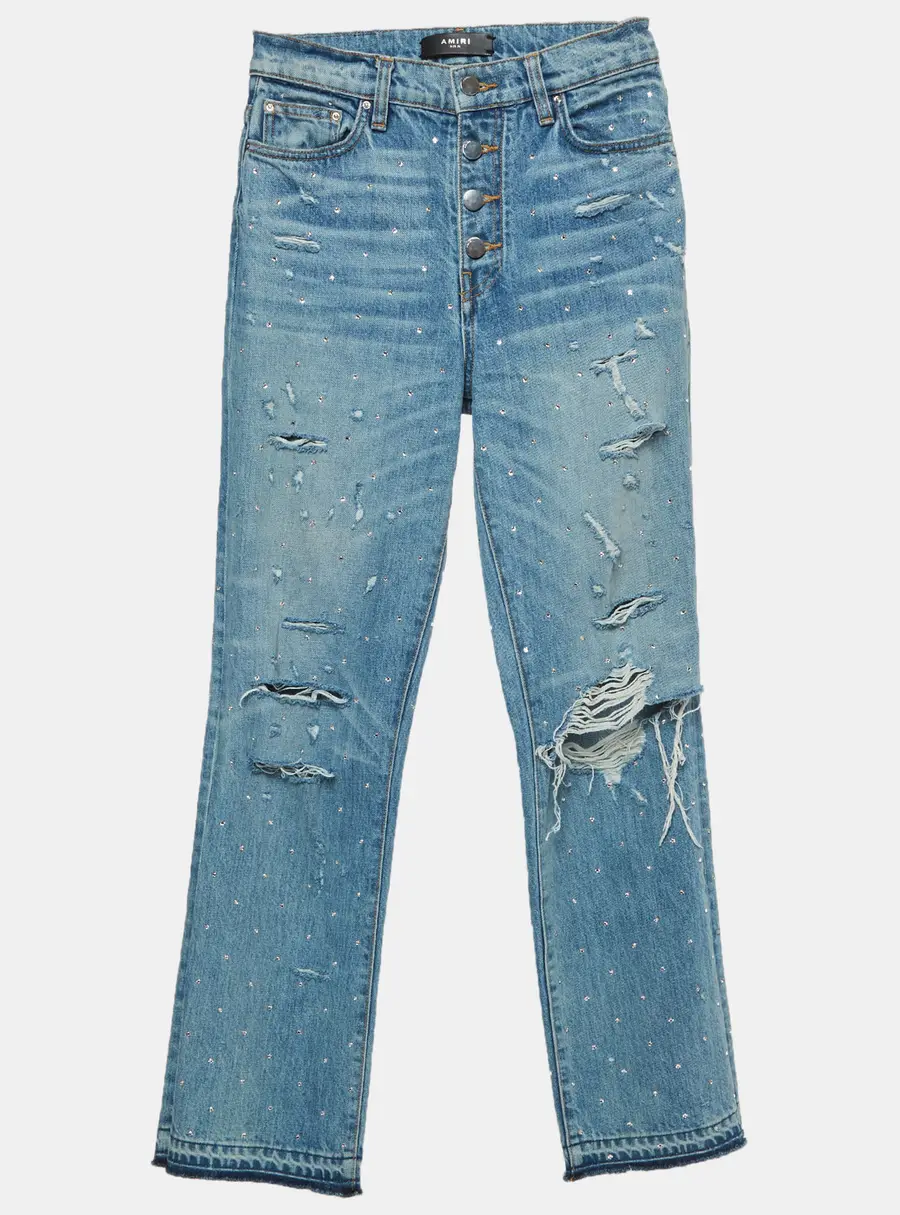Amiri Blue Ripped Denim Rhinestone Jeans S/Waist 26"