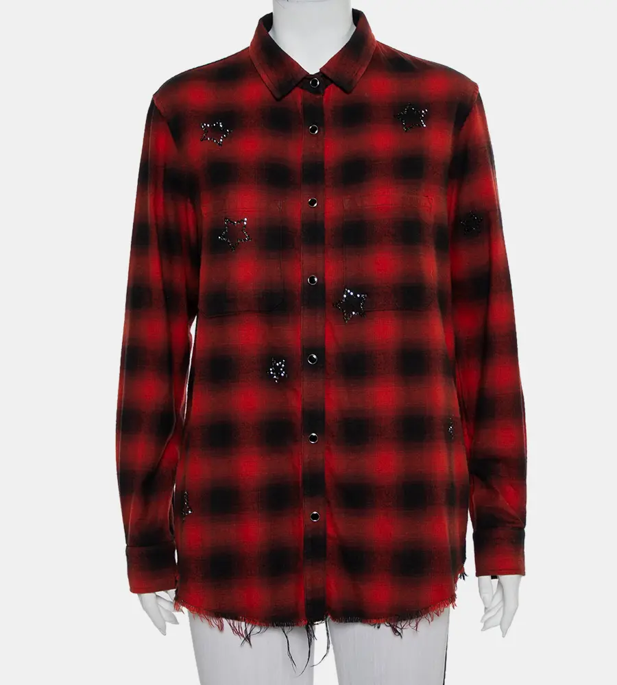 Amiri Red & Black Plaided Flannel Crystal Star Embellished Frayed Hem Shirt S