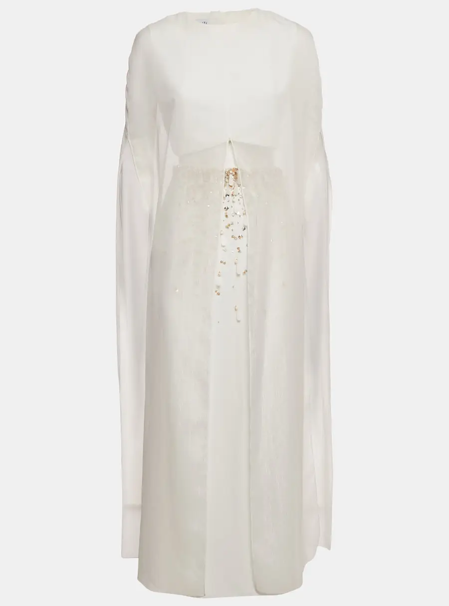 Anatomi White Crepe Embellished Long Top and Skirt Set S