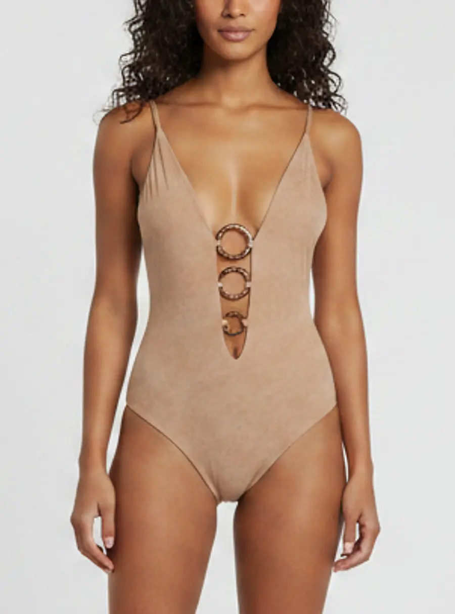 Angelys Balek Brown Printed Jersey One-Piece Caroline Swimsuit S