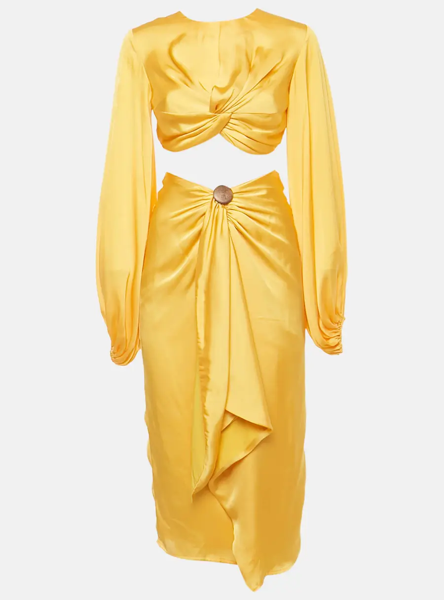 Andrea Iyamah Yellow Satin Draped Behati Crop Top and Skirt Set XS