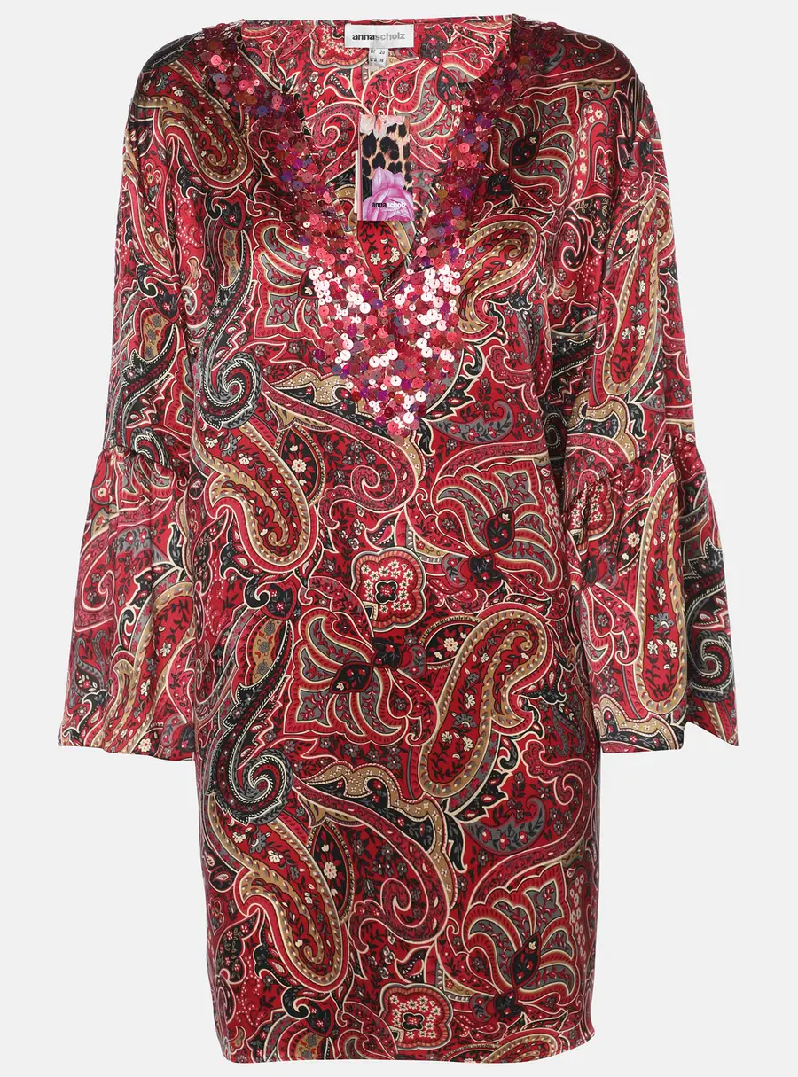 Anna Scholz Red Printed Satin Sequin Embellished Tunic XL