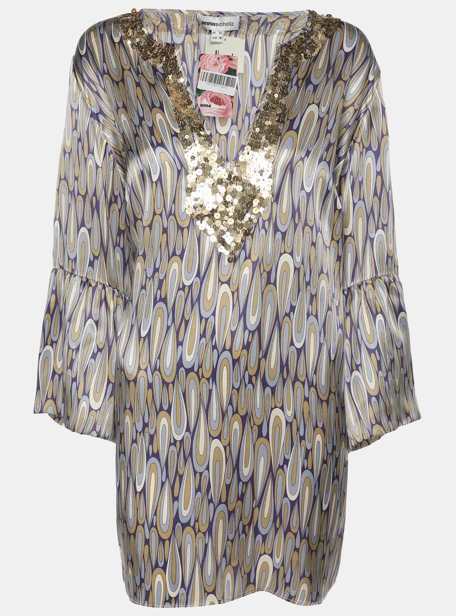 Anna Scholz Multicolor Satin Sequin Embellishment Wide Sleeve V Neck Tunic XL