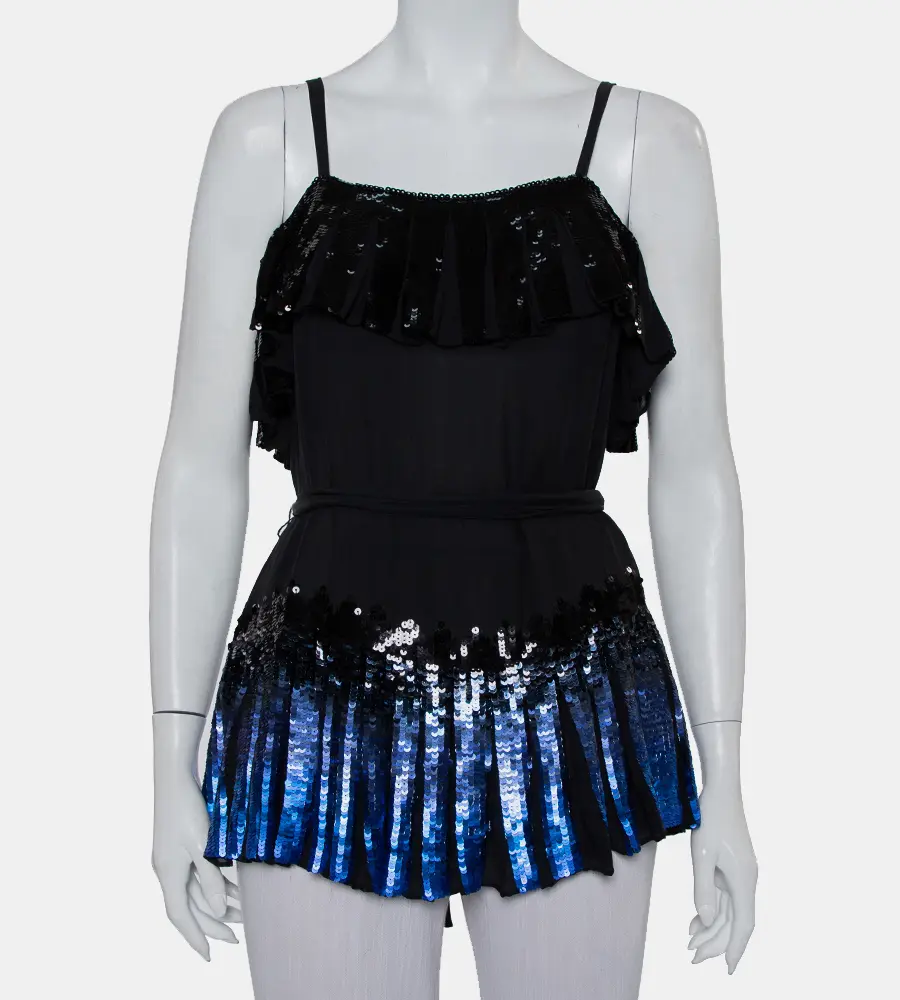 Anna Sui Black Sequin Embellished Silk Pleated Detail Belted Top S