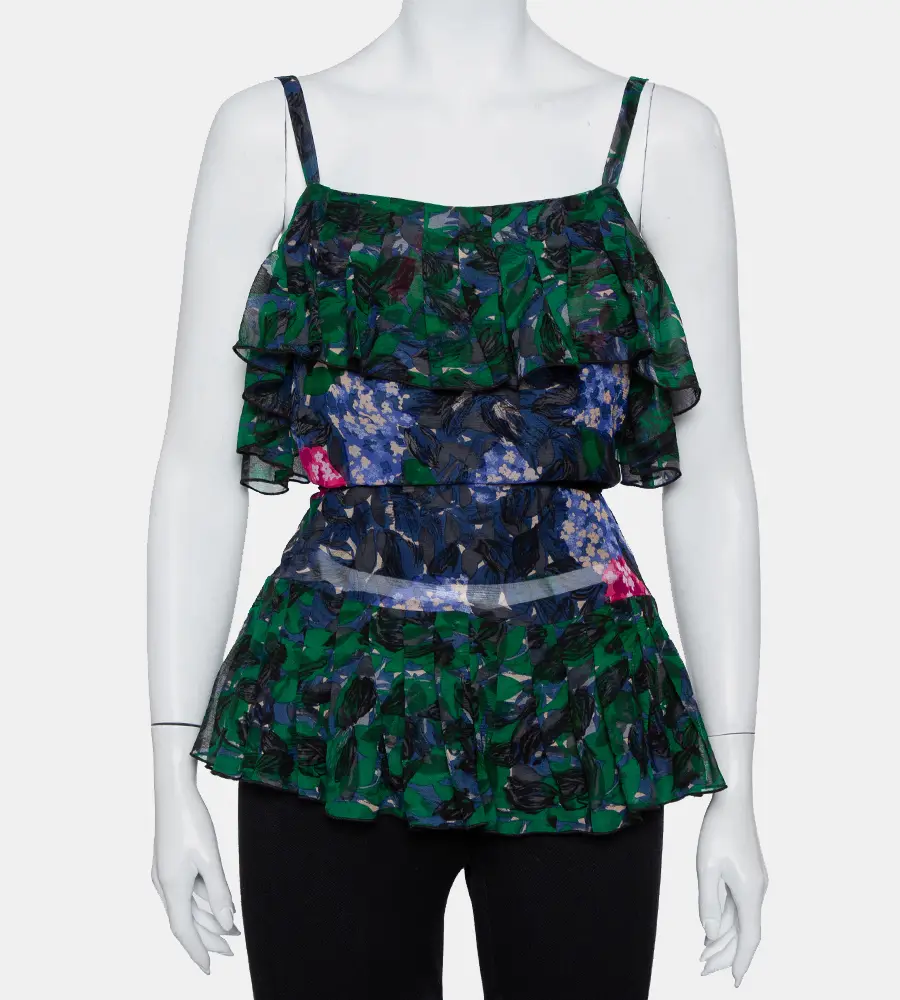 Anna Sui Multicolor Printed Silk Ruffled Sleeveless Top S