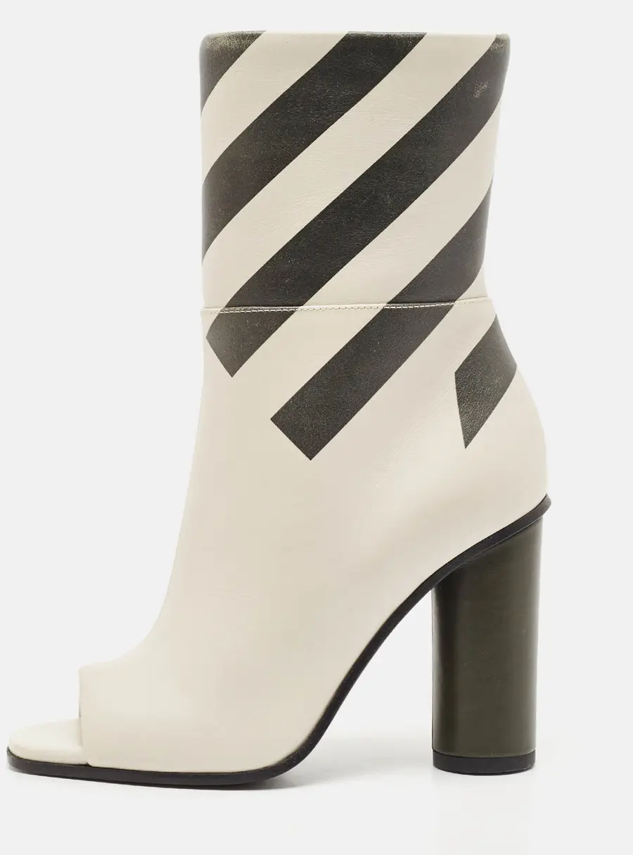 Anya Hindmarch Cream Stripe Leather Peep Toe Ankle Boots Size 35