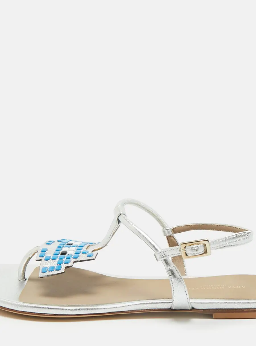 Anya Hindmarch Silver Leather Ankle Strap Flat Sandals Size 36