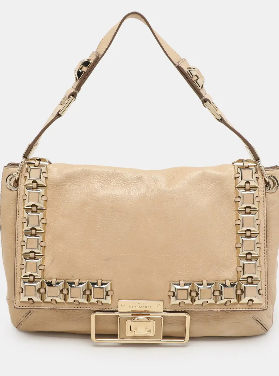 Anya Hindmarch Beige Leather Studded Flap Top Handle Bag