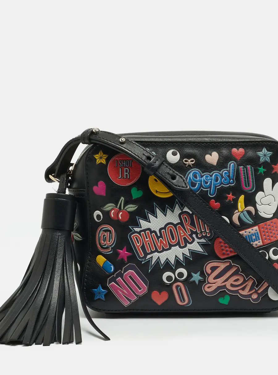 Anya Hindmarch All Over Stickers Black Leather Camera Bag