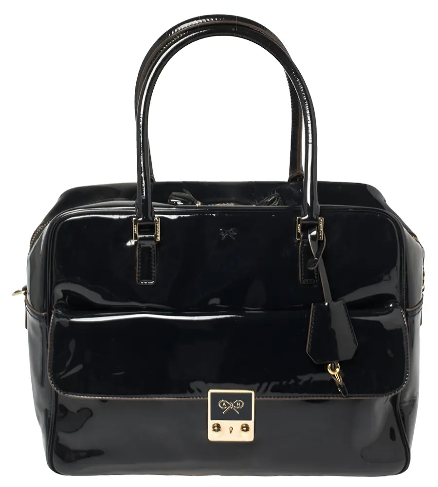 Anya Hindmarch Navy Blue Patent Leather Carker Satchel