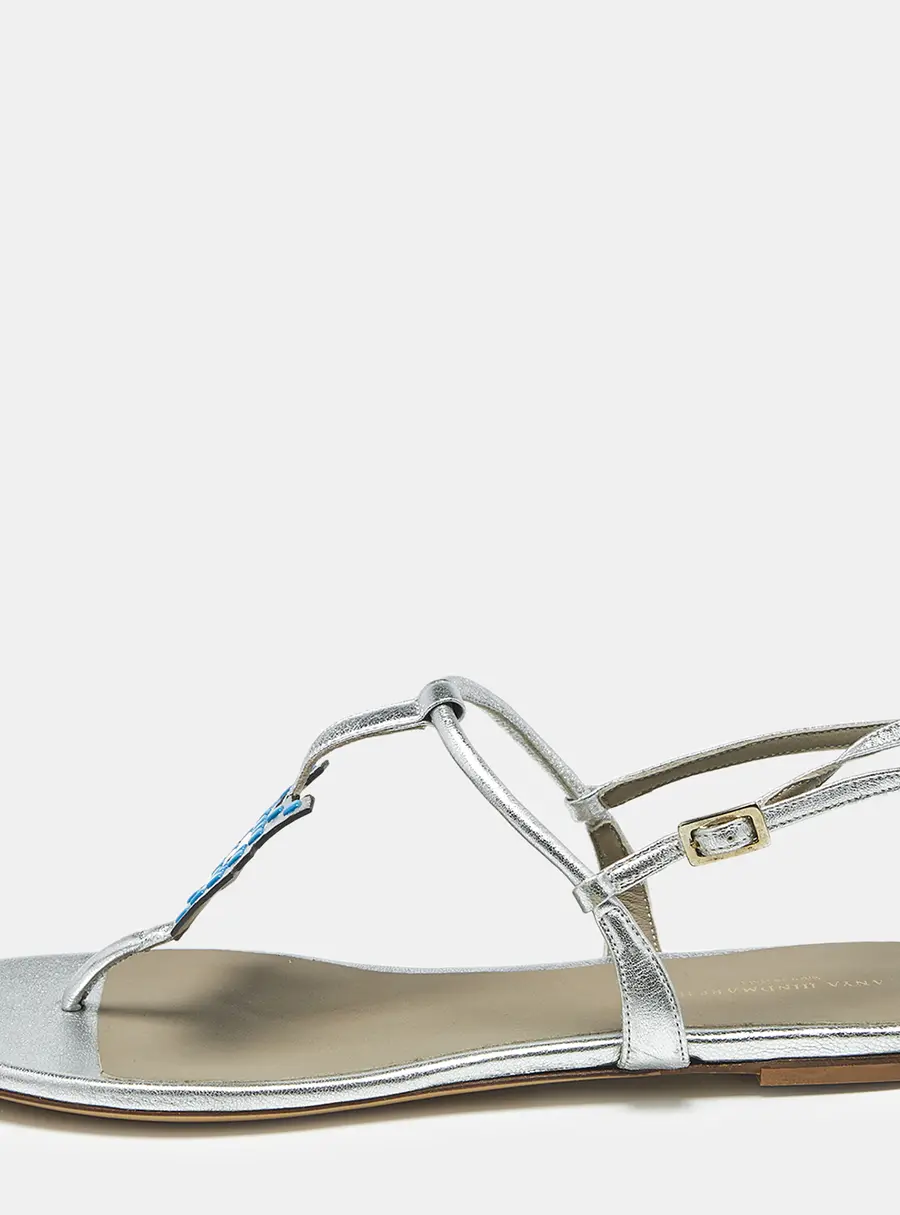 Anya Hindmarch Size 39 Silver Leather Thong Flat Ankle Strap Sandals