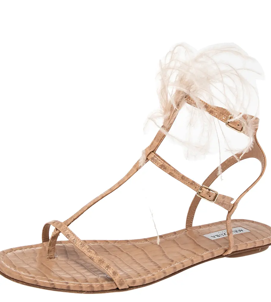 Aquazzura Beige Snake Embossed Leather Feather Trimmed T- Strap Sandals Size 39