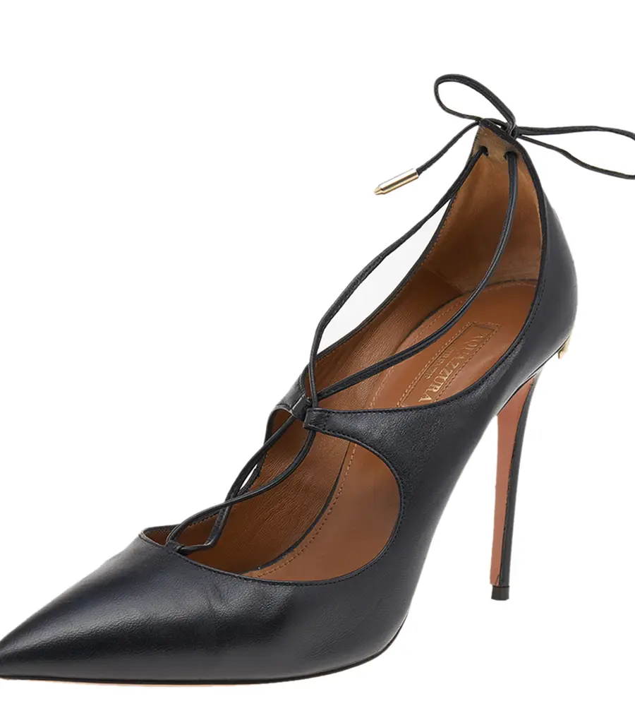 Aquazzura Black Leather Christy Lace Ankle Wrap Pumps Size 38.5