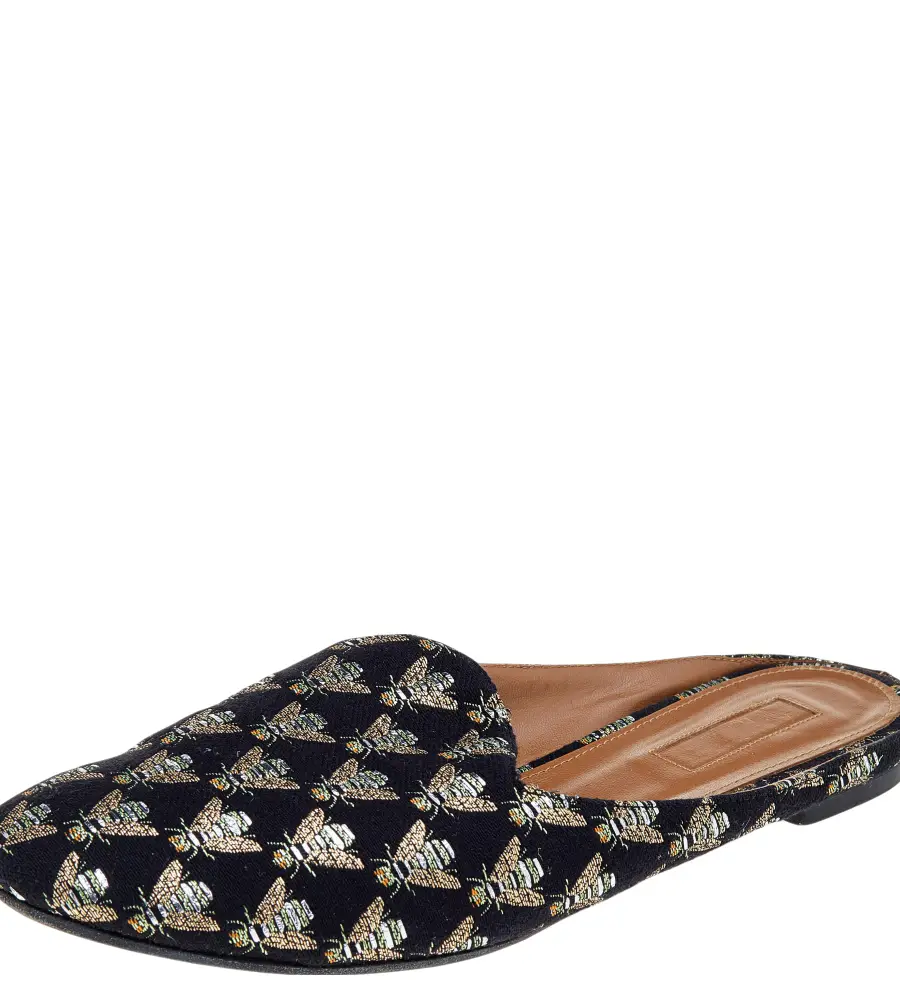 Aquazzura Black Bee Embroidered Fabric Flat Mules Size 39.5