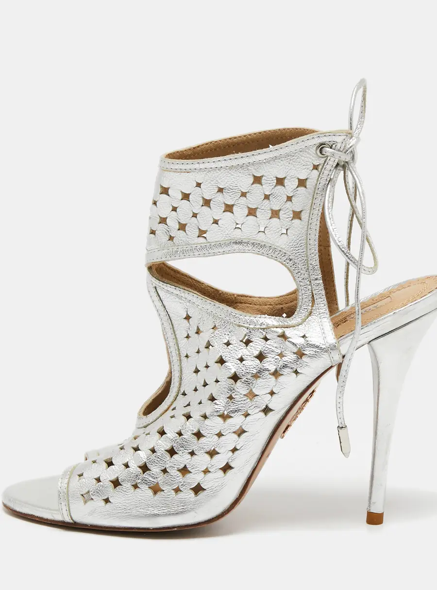 Aquazzura Silver Leather Laser Cut Sexy Thing Ankle Tie Sandals Size 39