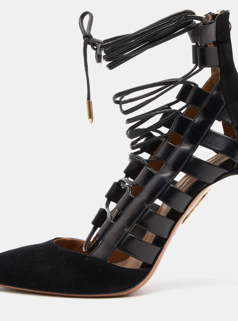 Aquazzura Black Suede and Leather Amazon Ankle Wrap Pumps Size 36.5
