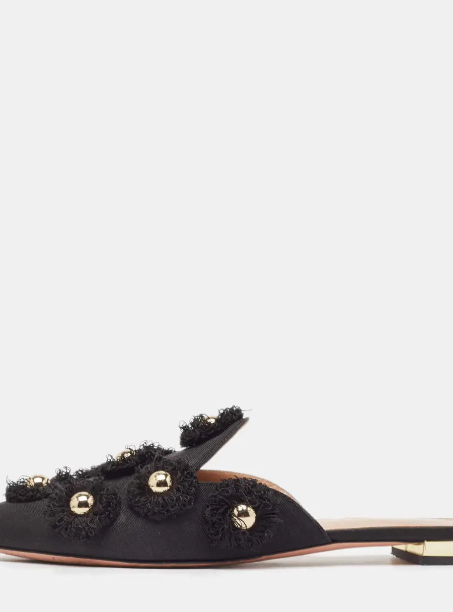 Aquazzura Black Canvas Sunflower Mules Size 36