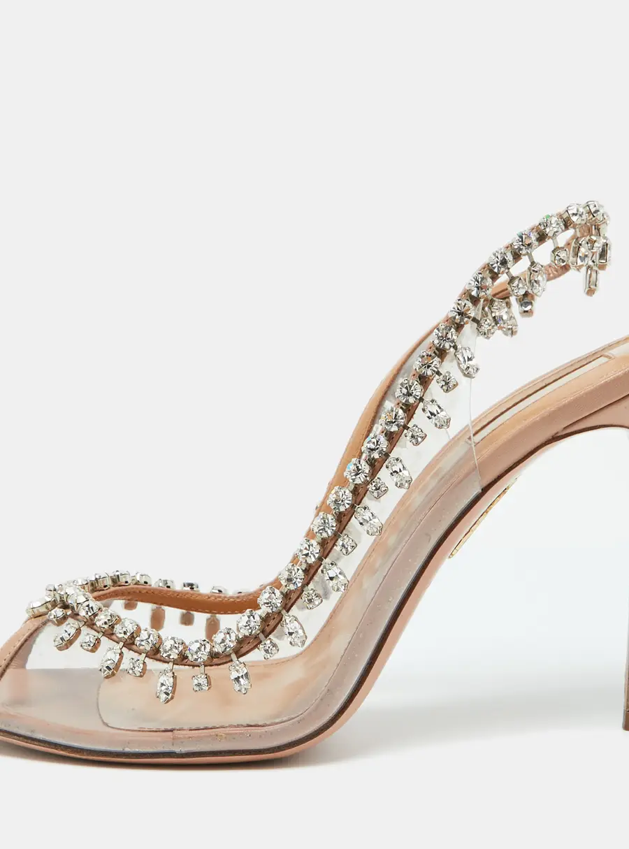 Aquazzura Beige Leather and PVC Crystal Temptation Slingback Sandals Size 41