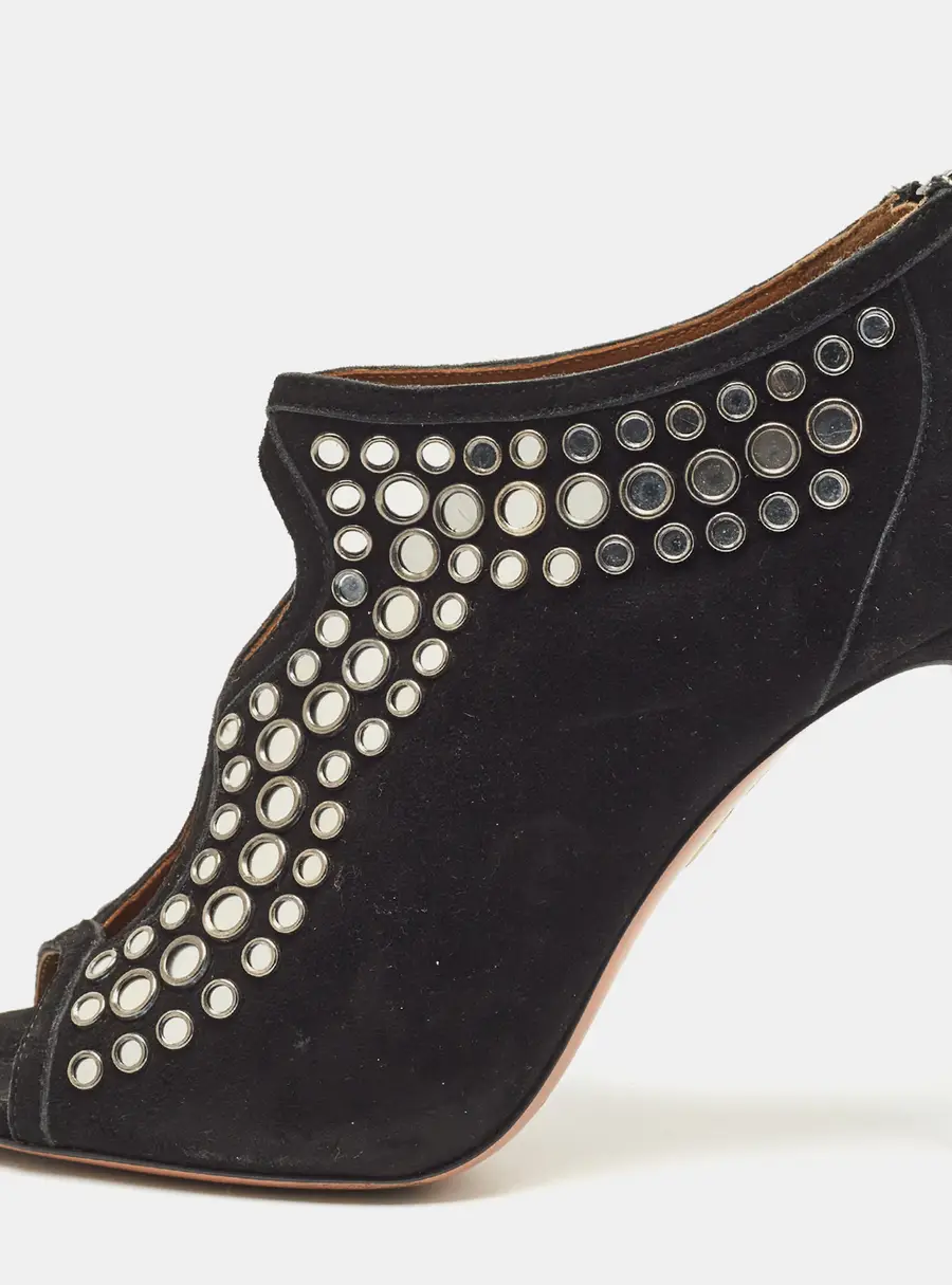 Aquazzura Black Suede Embellished Peep Toe Booties Size 37