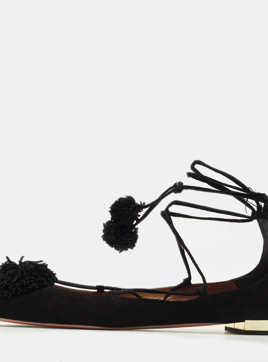 Aquazzura Black Suede Sunshine Ankle Tie Flats Size 41