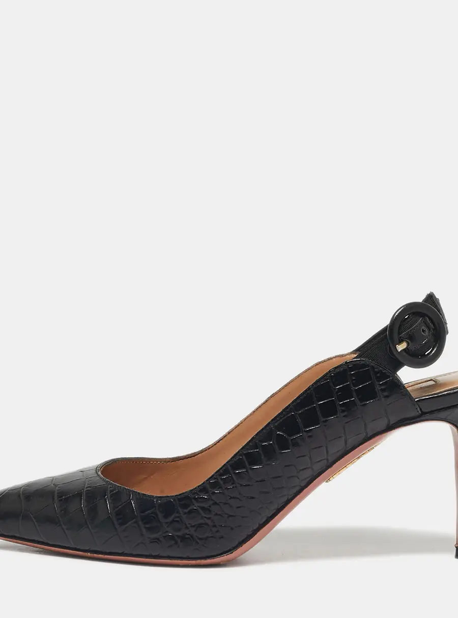 Aquazzura Black Croc Embossed Leather Yale Slingback Pumps Size 36