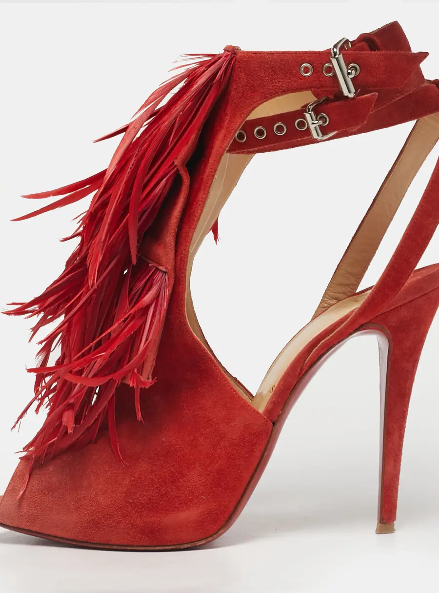 Aquazzura Red Suede Feather Embellished Ankle Strap Pumps Size 40.5