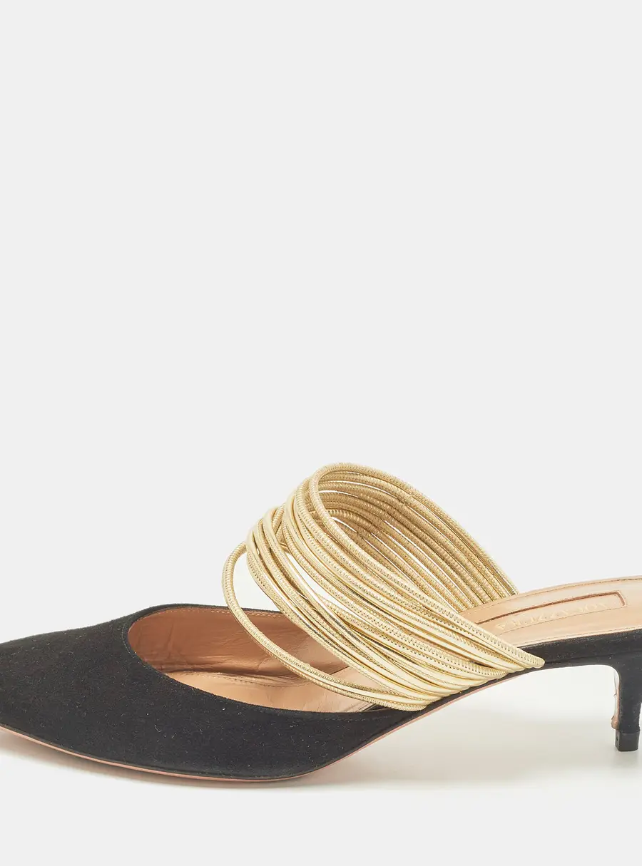 Aquazzura Rendez Vous Size 36.5 Black/Gold Leather and Suede Mules