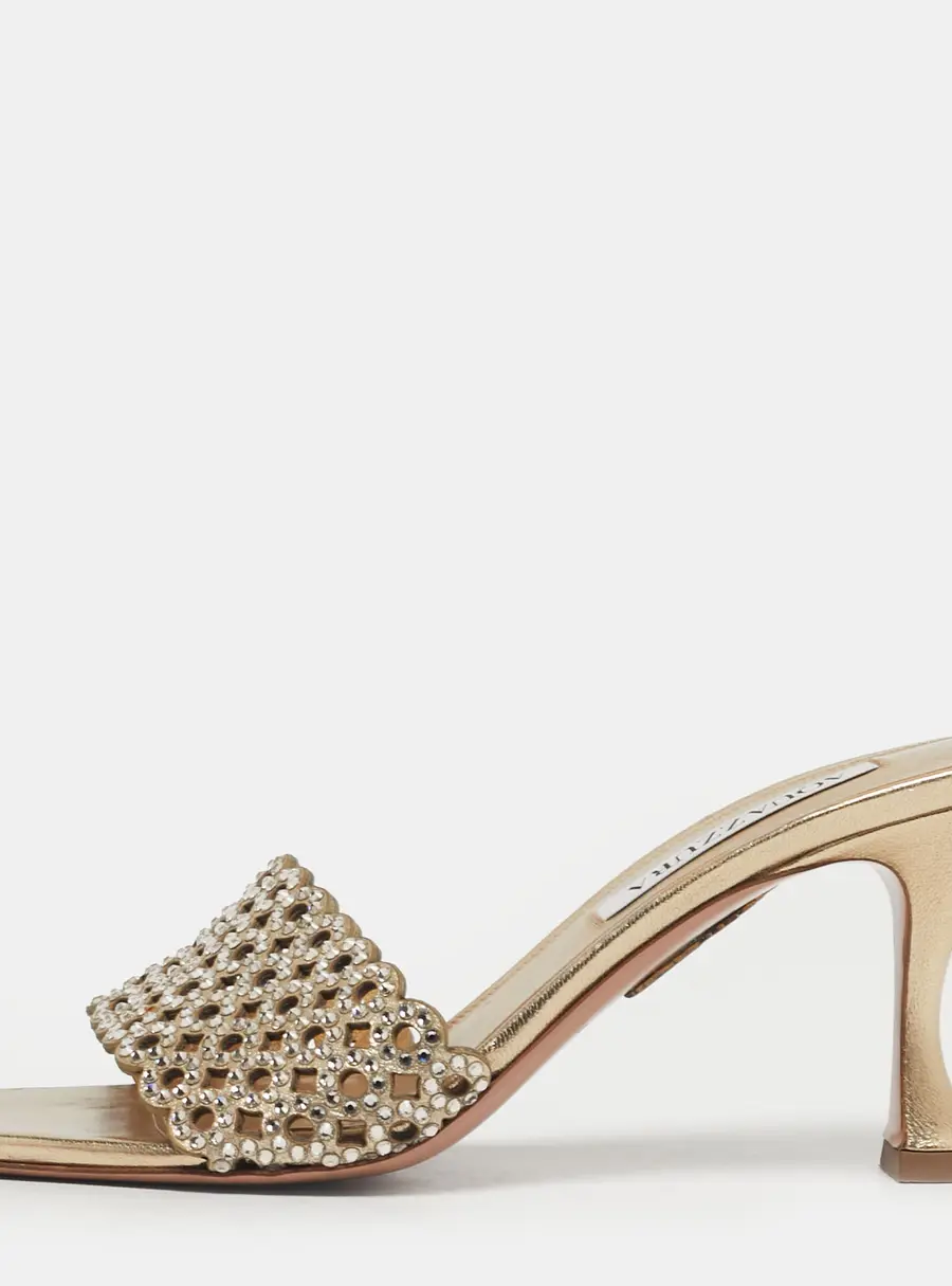 Aquazzura Candy Size 38 Gold Leather Crystal Embellished Slide Sandals