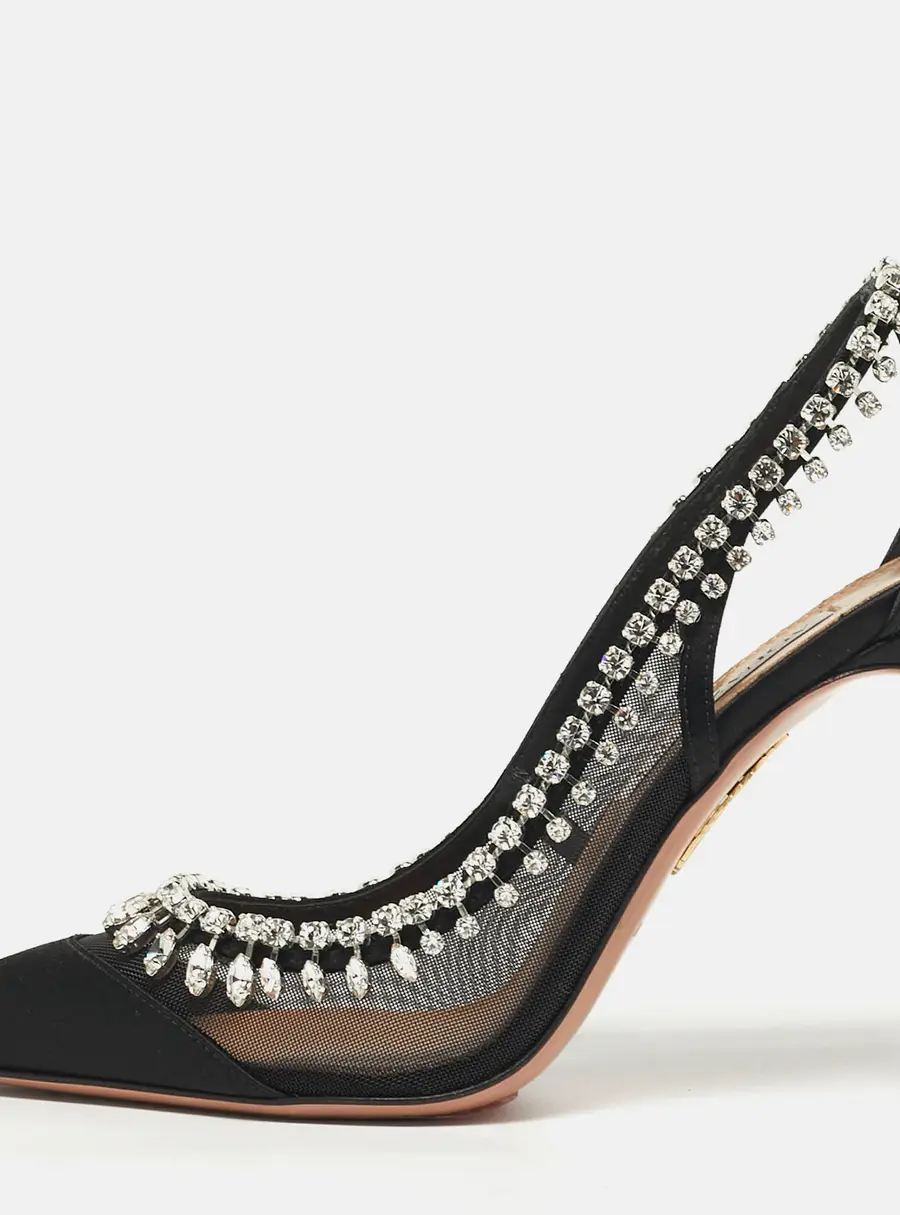 Aquazzura Crystal Crush Size 37 Black Mesh and Satin Pumps