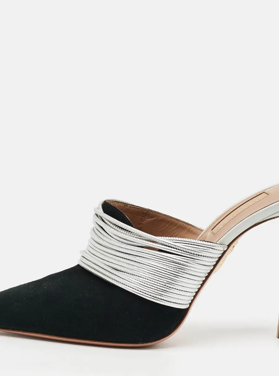 Aquazzura Rendez Vous Size 39.5 Black/Silver Leather and Suede Mules