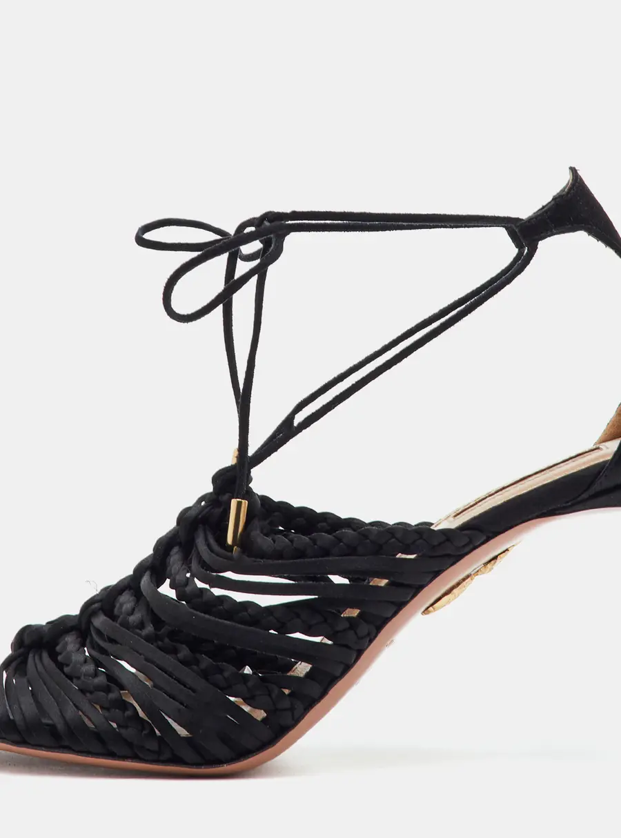 Aquazzura Size 38 Black Braided Satin Open Toe Ankle Strap Sandals