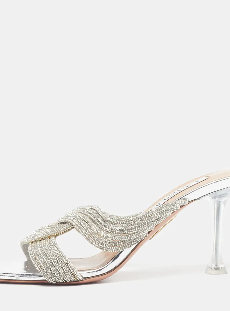 Aquazzura Gatsby Size 38 Silver Leather Crystal Embellished Slide Sandals
