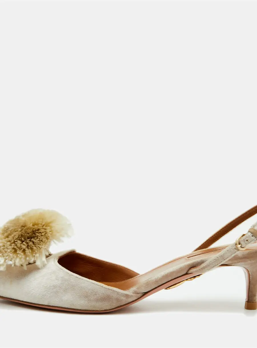 Aquazzura Size 37.5 Beige Velvet Powder Puff Pointed Toe Slingback Pumps