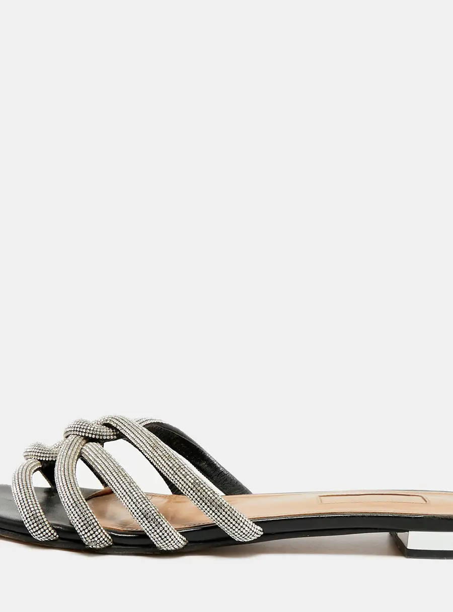 Aquazzura Size 38.5 Black Crystals and Leather Crystal Embellish Flat Slides