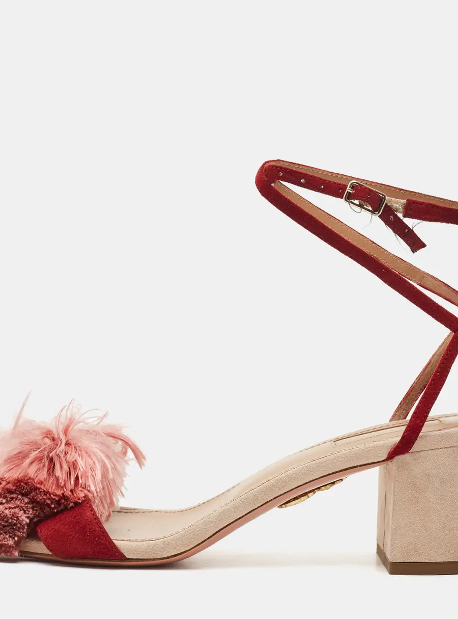Aquazzura Size 38.5 Tricolor Suede Powder Puff Bow  Ankle Strap Sandals