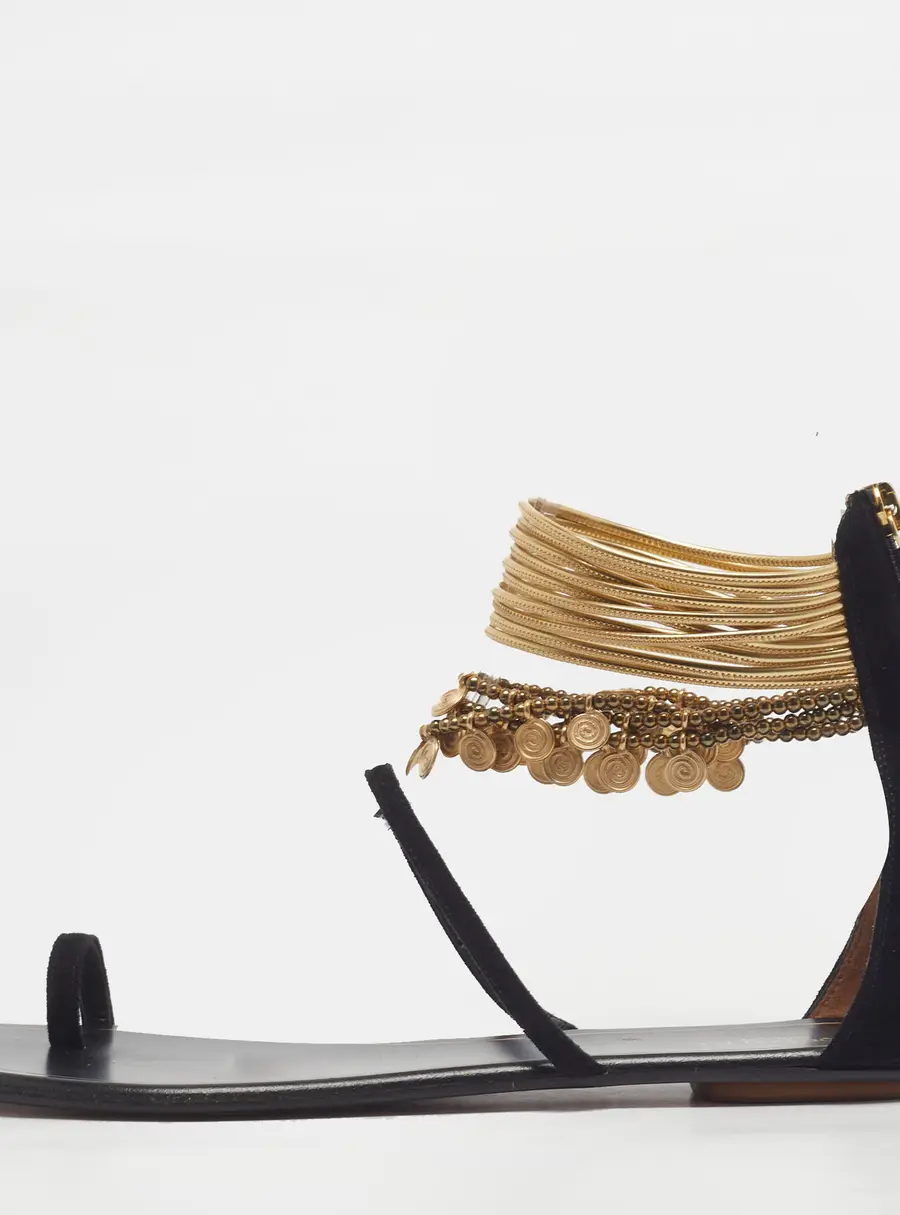 Aquazzura Queen Of The Desert Size 39.5 Black Leather and Suede Ankle Strap Flat Sandals