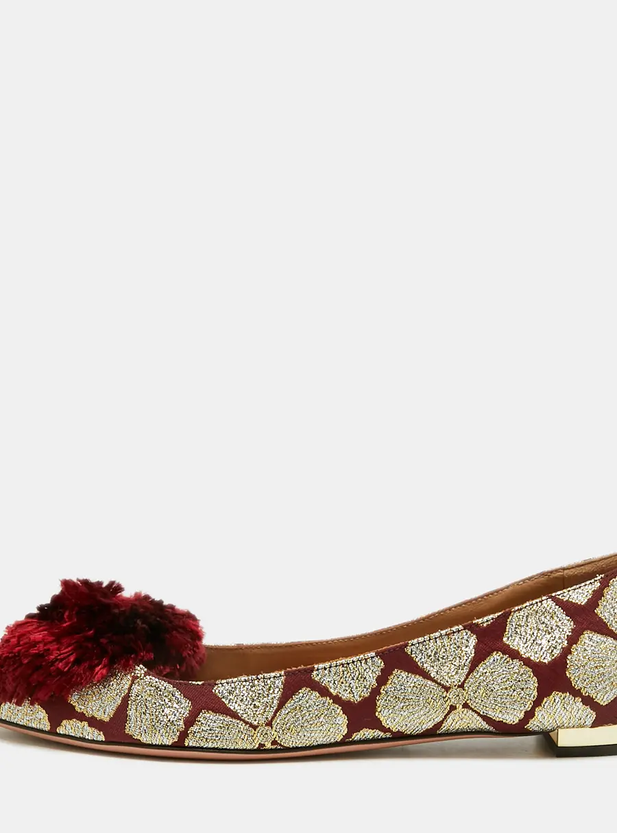 Aquazzura Tropicana Pom Pom Size 37.5 Burgundy/Gold Brocade Fabric Ballet Flats