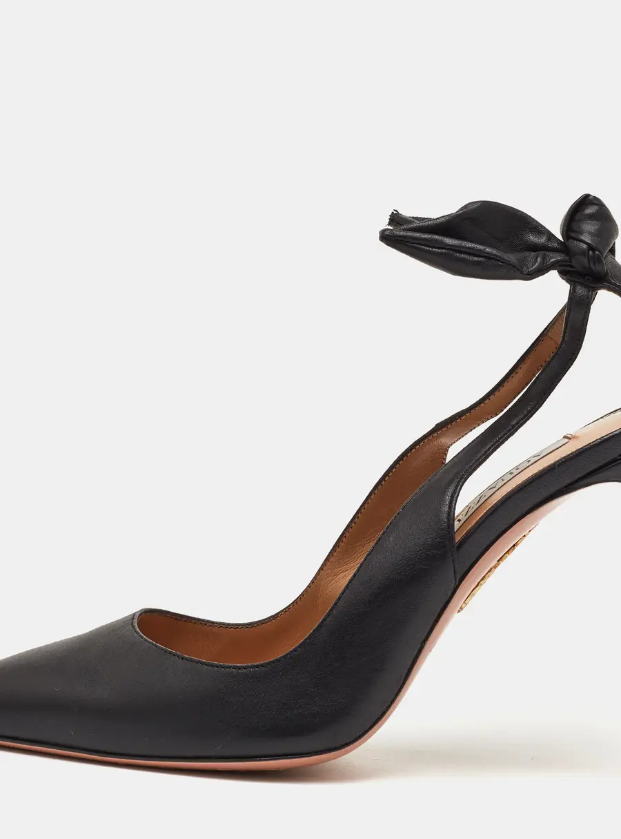 Aquazzura Bow Tie Size 37 Black Leather Pointed Toe Pumps