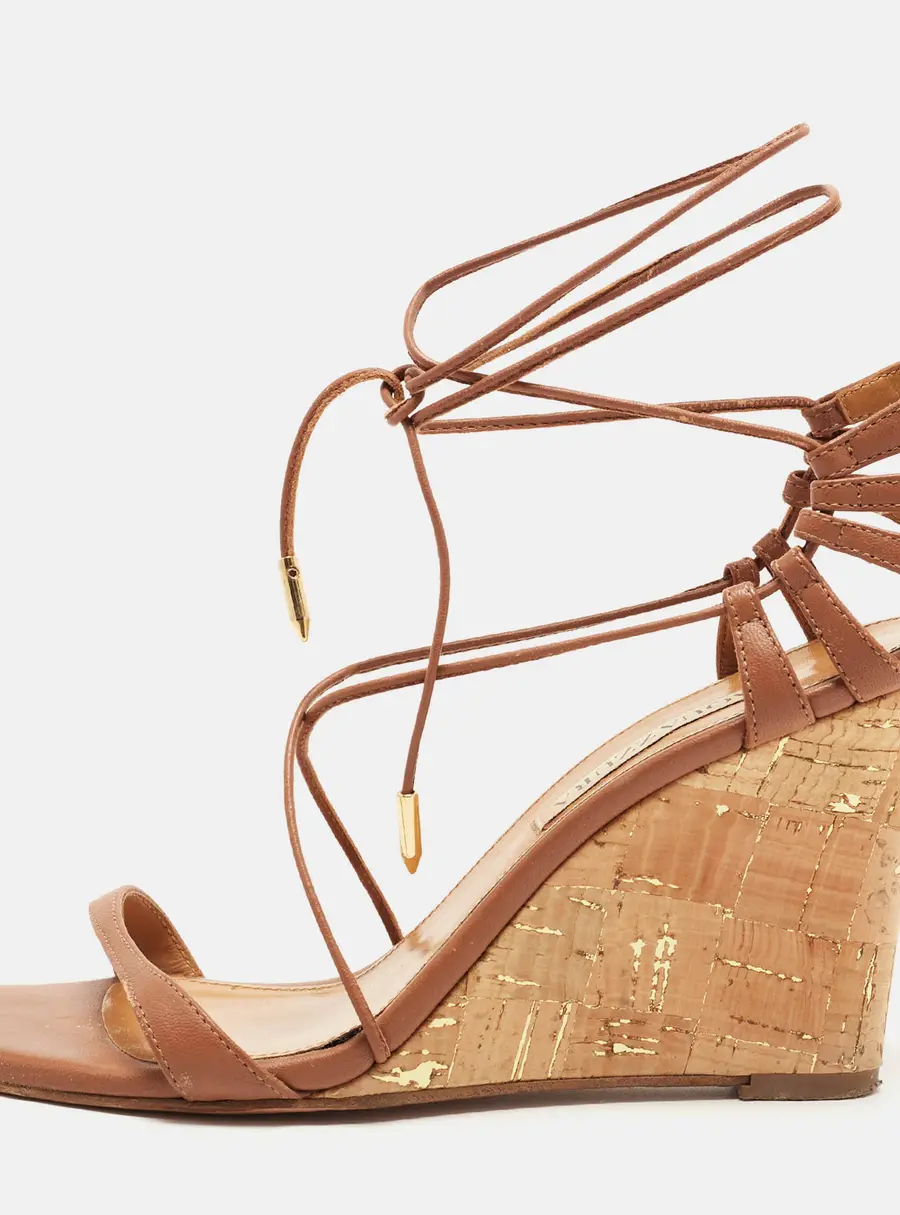 Aquazzura Bellissima Size 37 Brown Leather Ankle Tie Wedge Sandals
