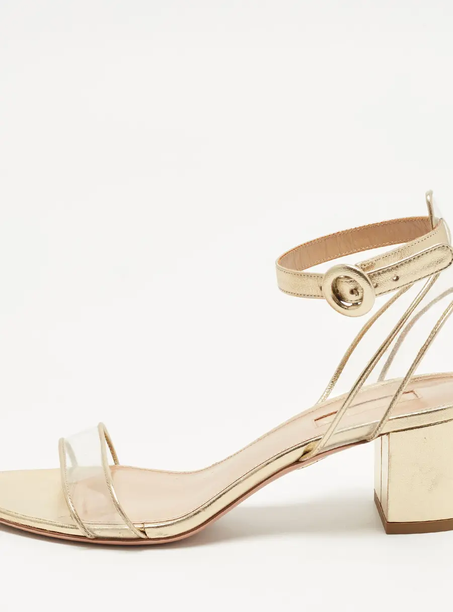 Aquazzura Minimalist Size 37 Gold Leather and PVC Ankle Strap Sandals