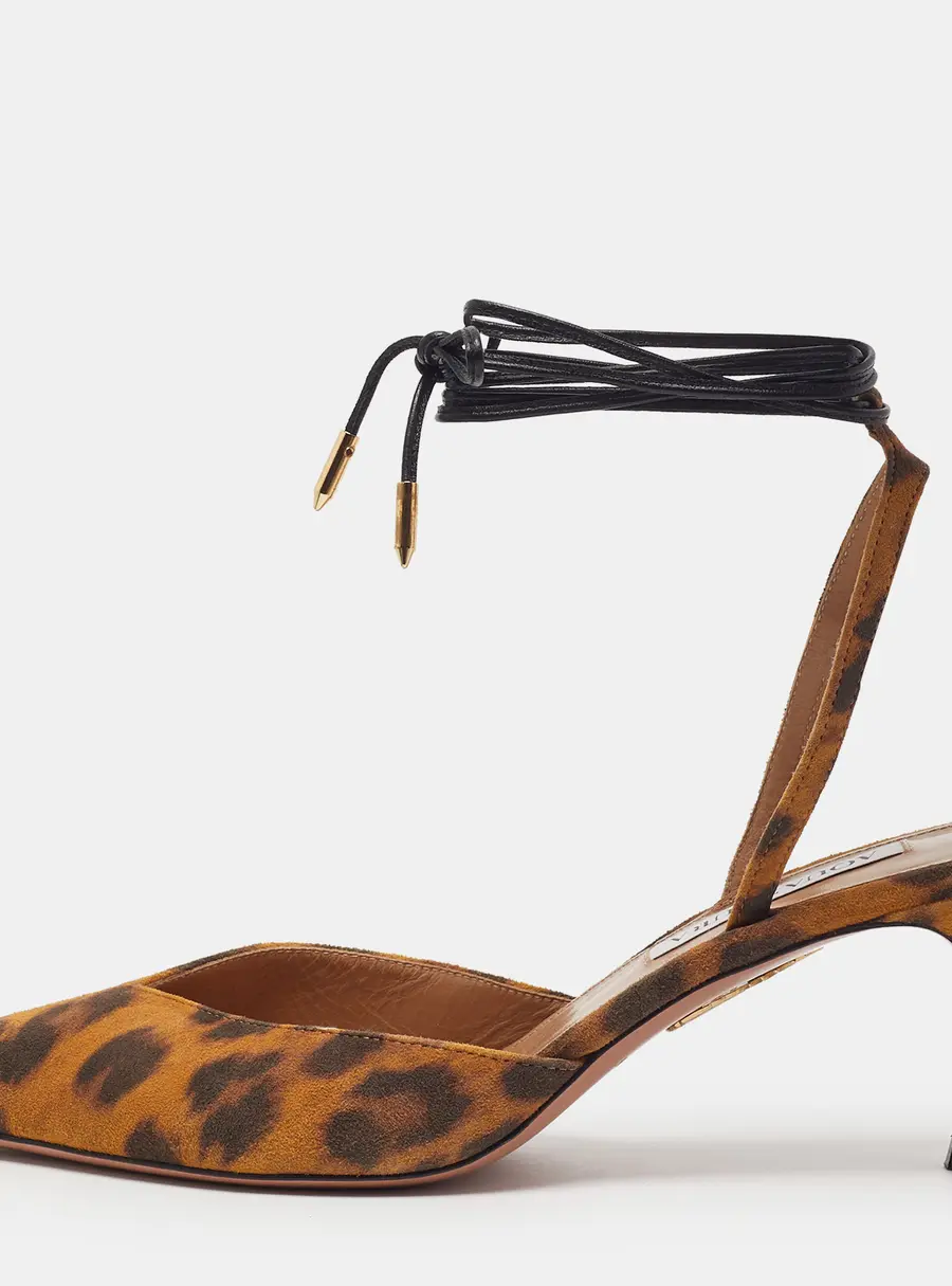 Aquazzura Beyond 65 Size 37 Brown Leopard Print Ankle Wrap Suede Pumps