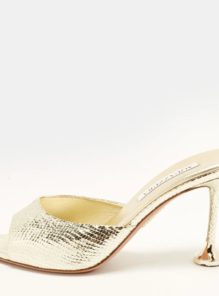 Aquazzura Bisous 85 Size 36.5 Gold Snakeskin Embossed Leather Slide Sandals