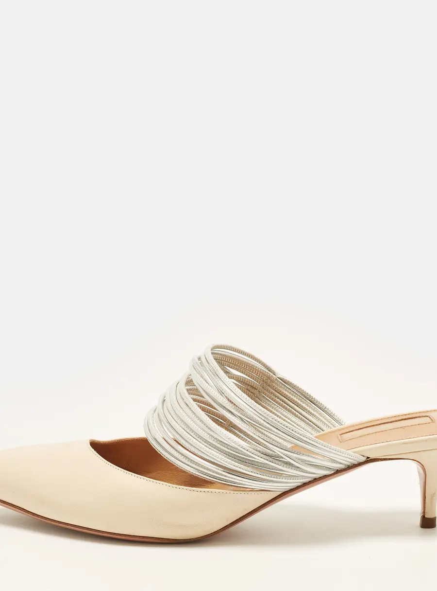 Aquazzura Rendez Vous Size 40 Cream/Silver Leather Pointed Toe Mules