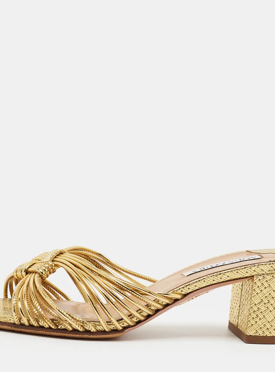 Aquazzura Size 38 Gold Leather Knot Details Block Heel Slide Sandals
