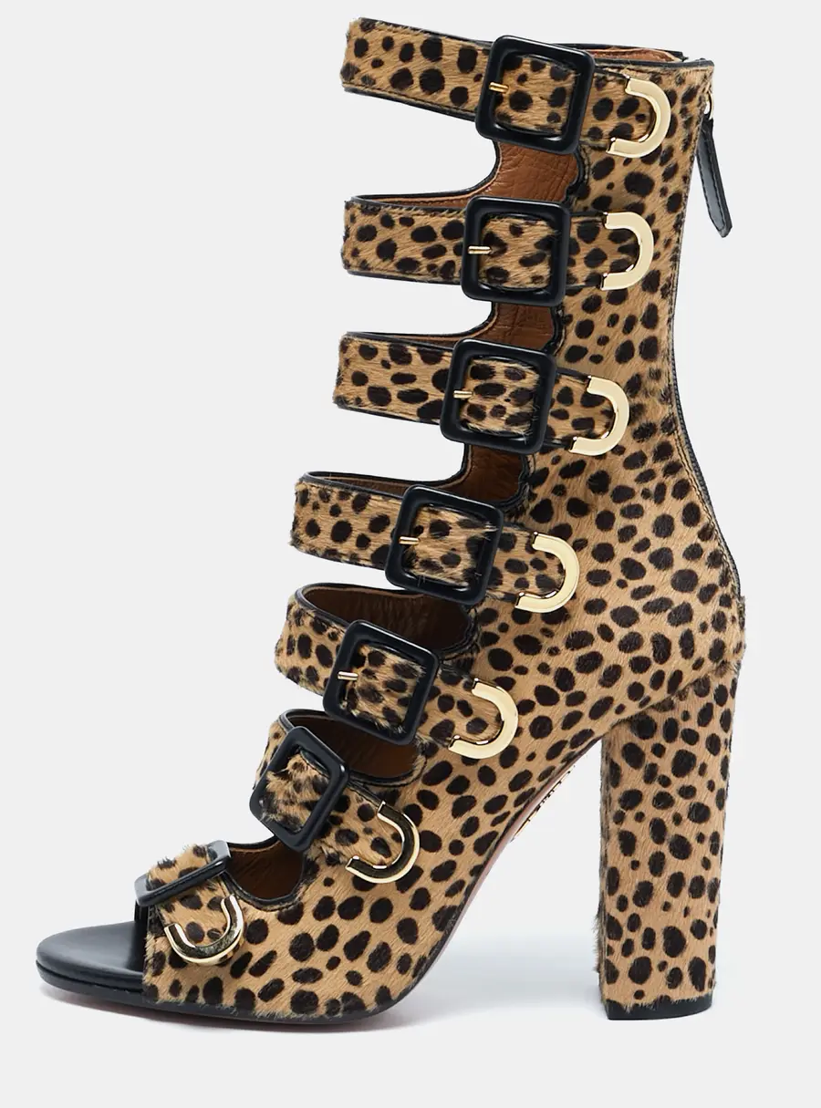 Aquazzura Beige/Black Leopard Print Calf Hair Gladiator Sandals Size 37