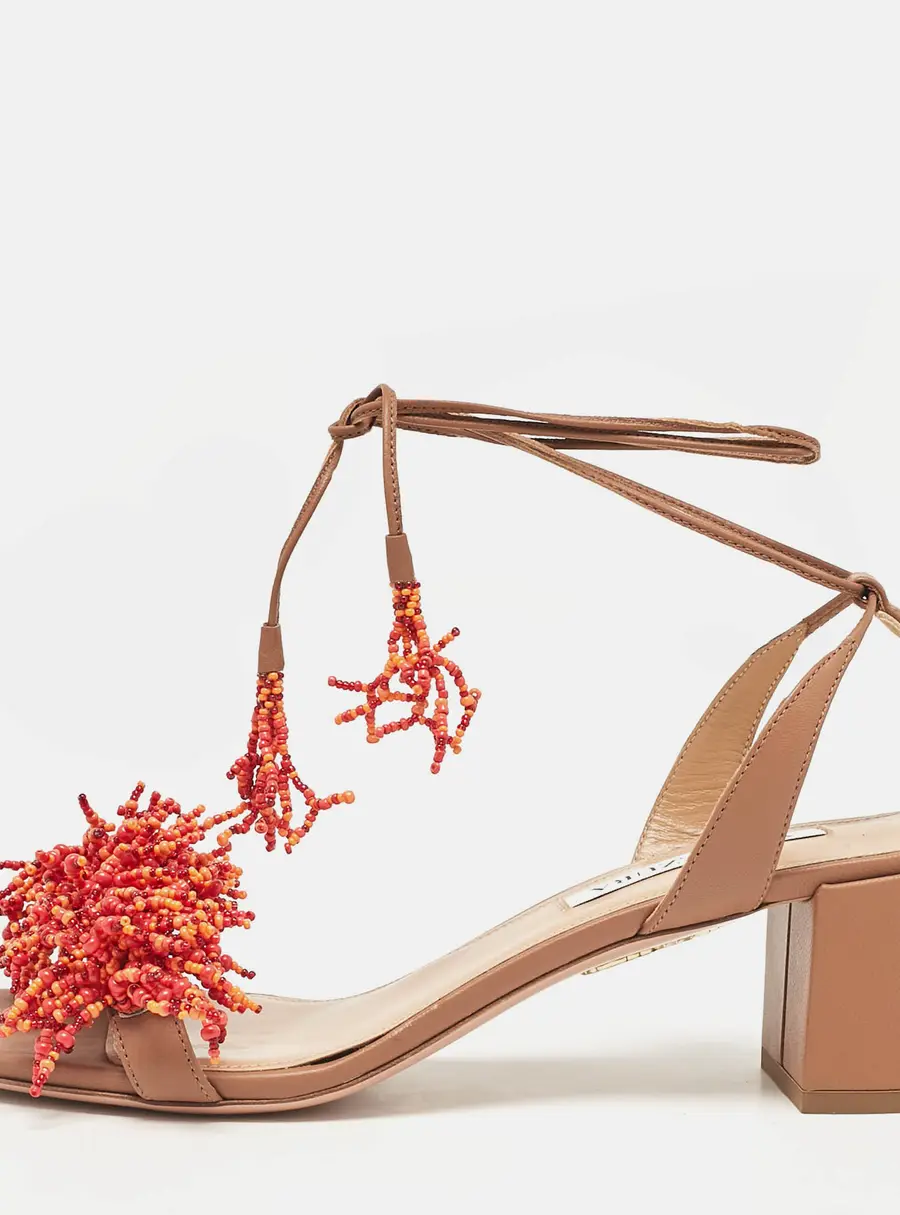 Aquazzura Brown Leather Panarea Beaded Ankle Tie Sandals Size 39.5